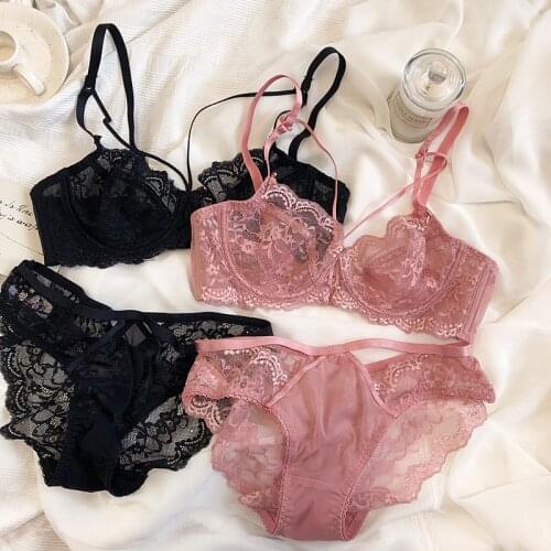 Wriufred Ultra-thin sexy gathered lace lingerie sets perspective steel ring transparent bra underwear plus size women bra set