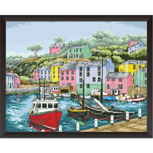 Colorful House By The Water (2) Cross Stitch Kits 11CT 14CT Counted Printed Fabric Embroidery DIY Handmade Needlework Home Decor