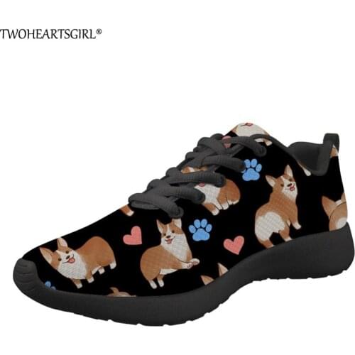 Twoheartsgirl Women Mesh Sneakers Breathable Female Floral Corgi Prints Comfortable Walking Shoes Girls Lightweight Flats Shoes