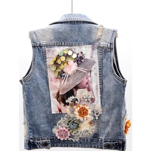 Summer Fashion Slim Short Denim Vest Women Sleeveless Jacket Coat Sequins Embroidery Flowers Waistcoat Frayed Jeans Vest JC220