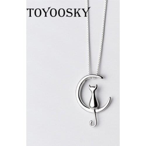 Cute Animals Moon Cat Pendant Necklace 100% 925 Sterling Silver For Women Girls Trendy Chains Charm Jewelry Gift