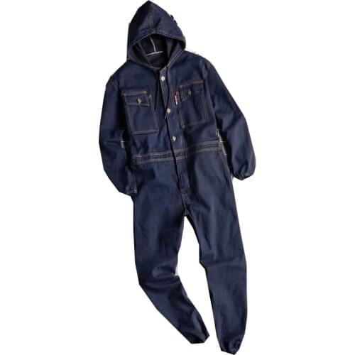 Mens Workwear Hooded Long Sleeve Lapel Pants Size Loose Sports Jumpsuit Blue Overalls