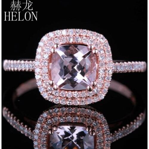 HELON Solid 14K Rose Gold AU585 6mm Cushion Natural Morganite Diamond Engagement Wedding Ring Women Trendy Fine Jewelry Gift