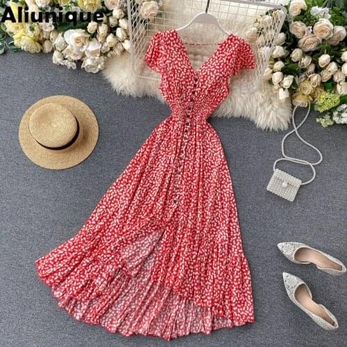 Aliunique New Chiffon Floral Dress for Women 2021 Summer Fashion Bohemian Vacation Beach Dress High Waist Short Sleeve Loose