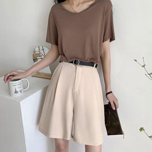 Womens Summer Shorts 2021 High Waist Loose White Classic Knee-length Bandana Shorts Office Ladies Solid Wide Leg Short Pants