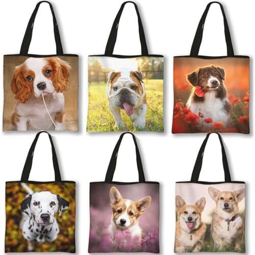 Cute Dog Print Handbag Girls Like Flowers Corgi Shoulder Bag Fashion Woman Shopping Bags Foldable Storage Bag