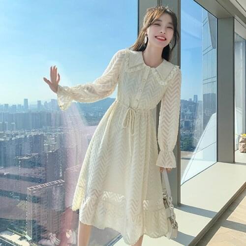 Super fairy Long Sleeve Chiffon Skirt 2021 spring and summer new temperament baby collar lace patchwork dress fairy skirt
