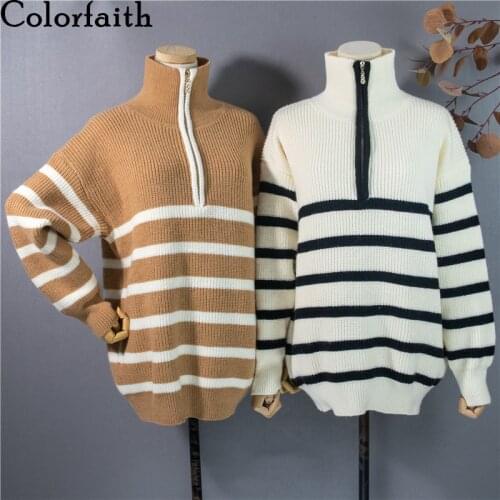 Colorfaith New 2020 Autumn Winter Womens Sweaters Pullover Turtleneck Striped Thicken Warm Oversize Vintage Lady Tops SW1234JX