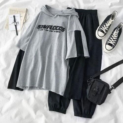 Set of Korean Style Thin Loose Hooded Sweater Coat for Female Students + Fashion Two-piece Trousers