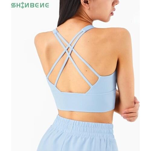 SHINBENE CROSS OVER STRAP Push Up Fitness Athletic Sports Bras Top Women Light Support Padded Workout Gym Yoga Bras Crop Top