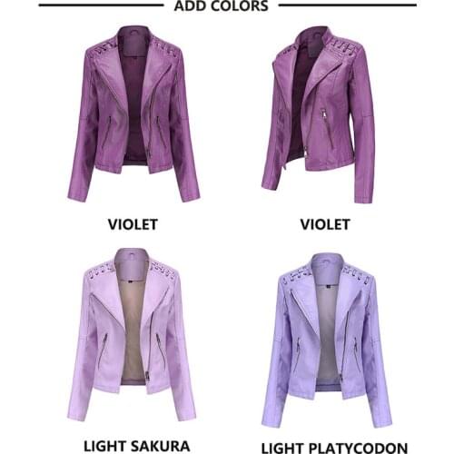 2021 Leather Jacket Women Zippers Spring Autumn Womens PU Leather Jacket Mandarin Collar Metallic Biker Jacket Female Oversized