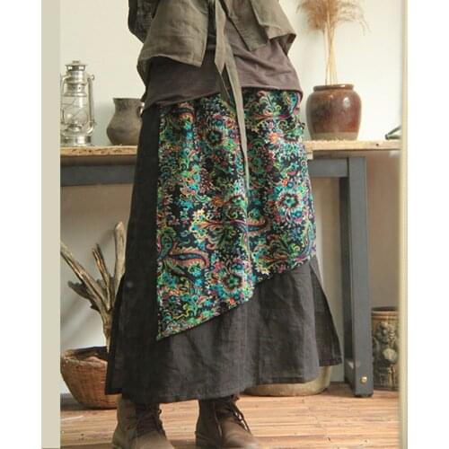Women Casual Cotton linen Patchwork Skirts Ladies National Style Elastic waist Skirts Female Skirts