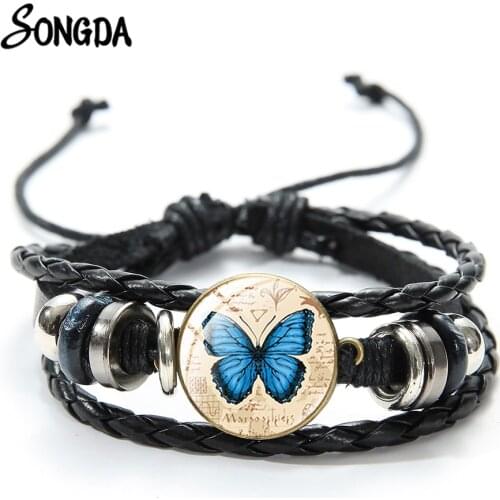 Morpho Helena Butterfly Bracelet Fashion Insect Jewelry Romantic Big Blue Butterfly Art Photo Glass Dome Leather Bracelet Female