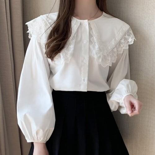 Womens Tops Lace Long-Sleeved Spring New 2020 Korean-Style Lantern Shorts Sleeve Doll Collar White Shirt Womens Blouse 580H