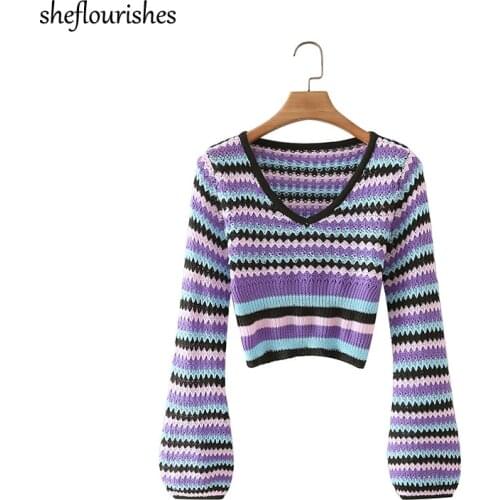 Korean pullover women lantern sleeve sweater vintage striped sweater sexy v neck top cute hollow out loose pullover fashion 2021