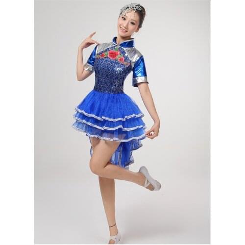 Blue water drum costumes female Chinese style dance clothing stage instrument play modern dance jazz dance clothes