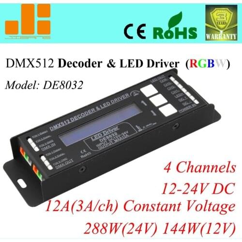 Free shipping 4 channels DMX Decoder & Driver RGBW LED Controller 12A/288W DE 8032