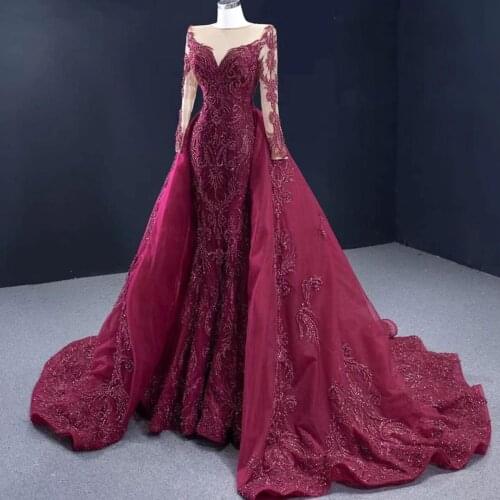Burgundy Prom Dresses O Neck Long Sleeves Applique Sequins Sweep Train Ball Gown Plus Size Women Special Occasion Evening Gowns