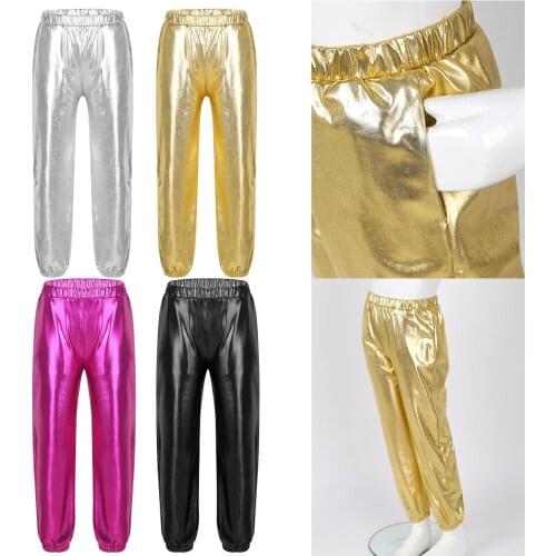 Girls Trousers Glossy Metallic Elastic High Waist Dance Pants Kids Hip Hop Streetwear Jazz Dancing Hip-hop Dancewear Sweatpant
