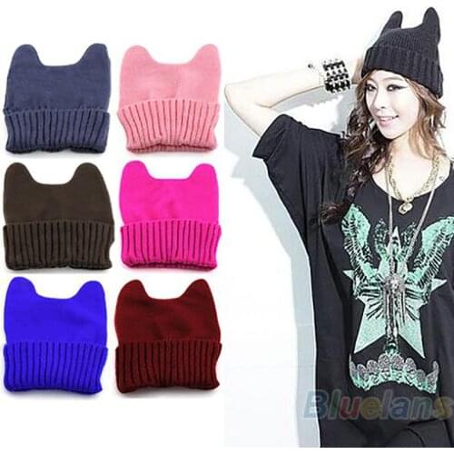Hot Fashion Soft Cute Women Girl Warm Winter Cat Ear Shape Knitted Hat Elastic Beanie Cap Christmas Gift 02HK 453C 7FC5