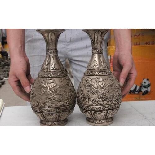 Royal White Copper Silver Lucky Phoenix Rosefinch Birds Flower Bottle Pot Vase