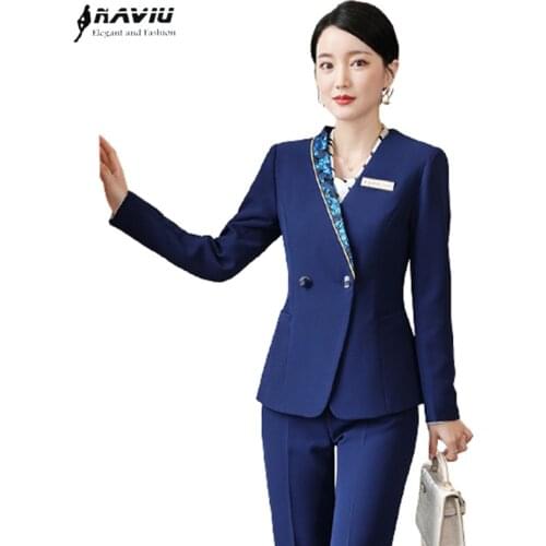 Blue Suits Women Fashion 2021 New Autumn Temperament Business Formal Long Sleeve Slim Blazer And Pants Office Ladies Work Wear