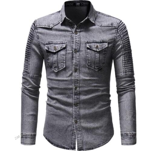 Men Casual Long Sleeve Shirt Spring Autumn High Quality Denim Shirt Fit Slim Personality Pocket Black Blue Plus Size 3Xl