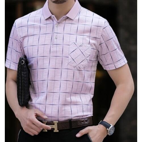 Business Style Plaid Dot Camisa Pockets Tops Men Striped Polo Shirts 95% Viscose Fashion Smart Casual Polo Shirt