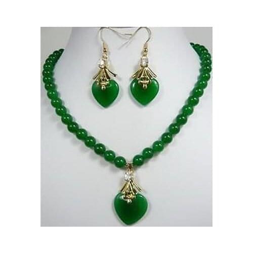 Green fine stone heart shape pendant necklace and earrings set AAA style 100% Natural fine stone Noble