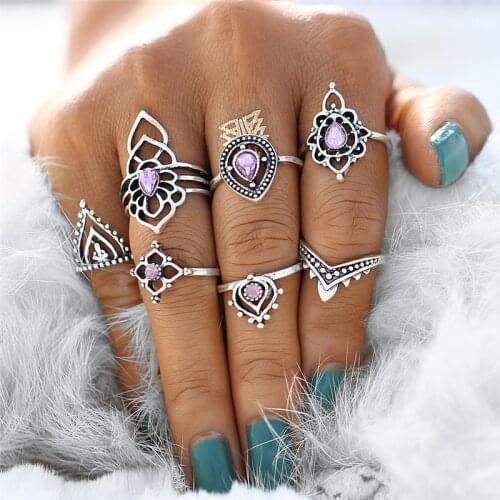 7Pcs/Set Bohemian Retro Crystal Flower Leaves Hollow Lotus Gem Silver Color Ring Set Women Wedding Anniversary Gift