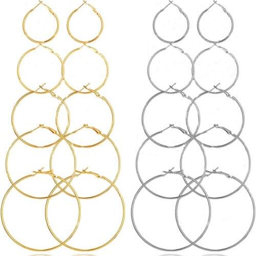 5 pairs/set Gold Color Hoop Earrings Set Big Circle Earrings Classic Christmas Round Hoop Earrings for Women Girls Best Gift