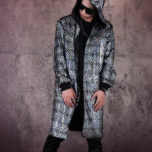 Splending Silver Scale Cape Mens Singer Stage Costume Nightclub Dj Ds Punk Coat Adult Hip Hop Tops Performance Costume VDB2650