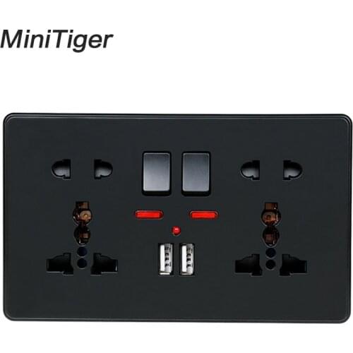 Minitiger Wall Power Socket Double Universal 5 Hole Switched Outlet With Neon 2.1A Dual USB Charger Port LED indicator Black