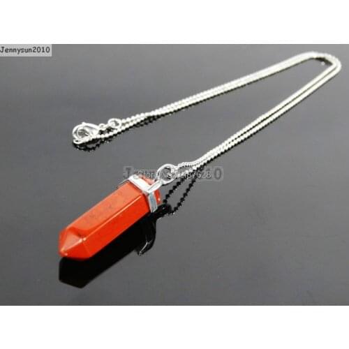 Natural Red Jas-per Gems Stones Hexagonal Pointed Healing Reiki Chakra Pendant Beads Silver 17'' Chain Necklace 5 Sets/Pack