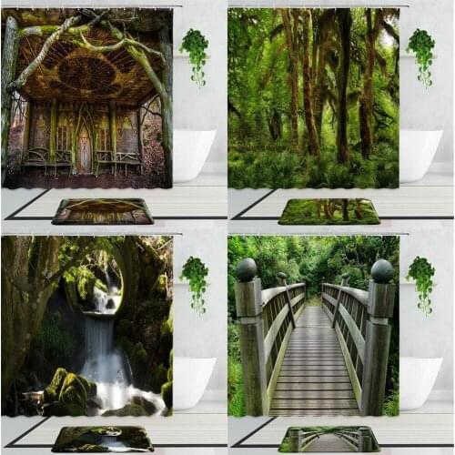 Tropical Rain Forest Tree Vine Scenery Shower Curtains Waterfall Corridor Green Jungle Landscape Bathroom Non-Slip Carpet Mats