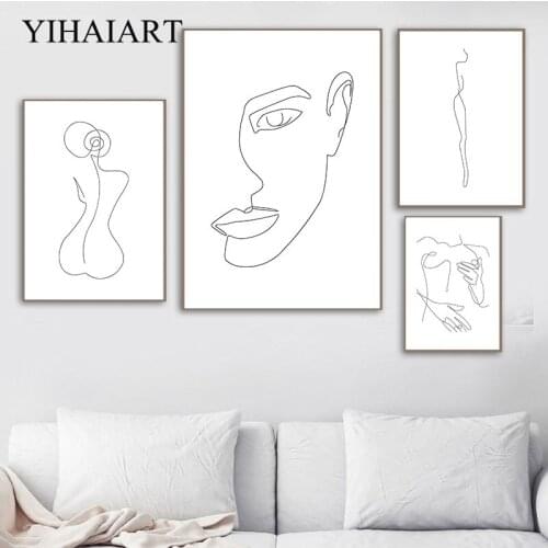 Nordic Black White Minimalism Wall Art Print Canvas Painting Line Drawing Woman Body Face Abstract Poster for Modern Home Decor