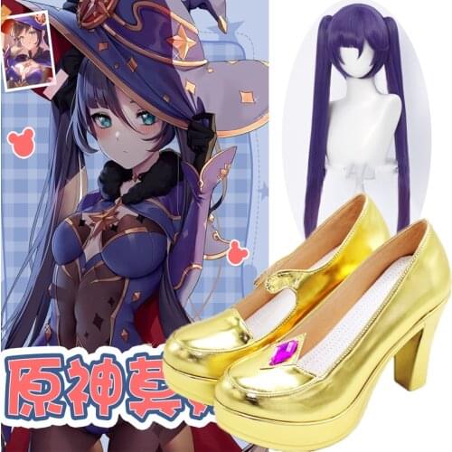 Game Genshin Impact Mona Cosplay Shoes Halloween Party Fancy Boots Custom Made Long Wigs Cosplay Genshin Impact Mona Shoes Hair
