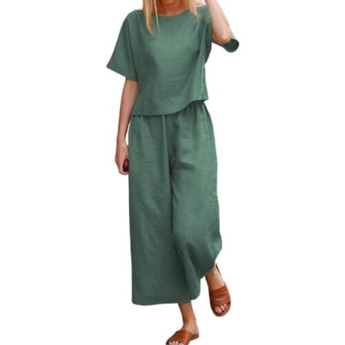 2021 Casual Women Outfit Solid Color Wide Leg Two-piece Round Neck Short Sleeve T-shirt Cropped Pants for Daily Wear Blue xxxxl
