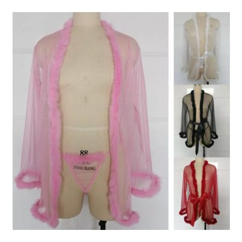 See Through Mesh Exotic Sets 3Pcs/Set Women Sexy Lingerie Long Sleeve Plush Perspective Robes G-String Belt Underwear Suit