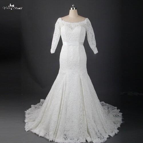 RSW856 Lindo Lace Off The Shoulder Mermaid Long Sleeve Wedding Dresses 2016 Vestido De Noiva Zipper Up Court Train