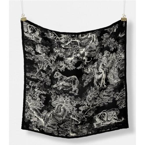 Twill Silk Scarf Woman Animals Trees Print Square Scarves Wraps Bandana Small Hijab Foulards Lady Tie Headband Neckerchief 53CM