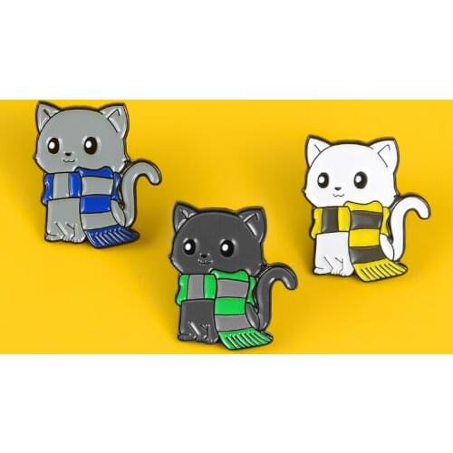 Black Gray White Kawaii Cat Scarf Kitty Enamel Pin Cartoon Animal Brooch Pin Lapel Hat Bag Badges Cute Jewelry Gifts