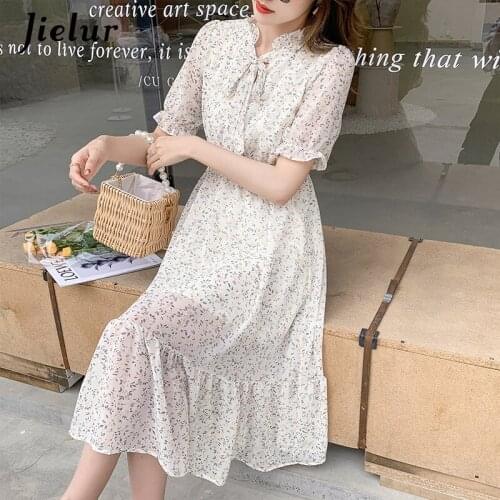 Jielur Floral Chiffon Short-sleeved Summer Dress 2021 Blue White Mid-length Puff Sleeve Dresses for Womens A-line Dress Female