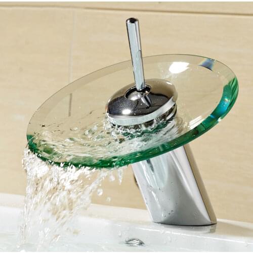 Basin Faucet Glass Waterfall Elegant Bathroom Mixer Tap Deck Mounted Wash Sink Glass Taps 360° Chrome Polished Glass Edge Faucet