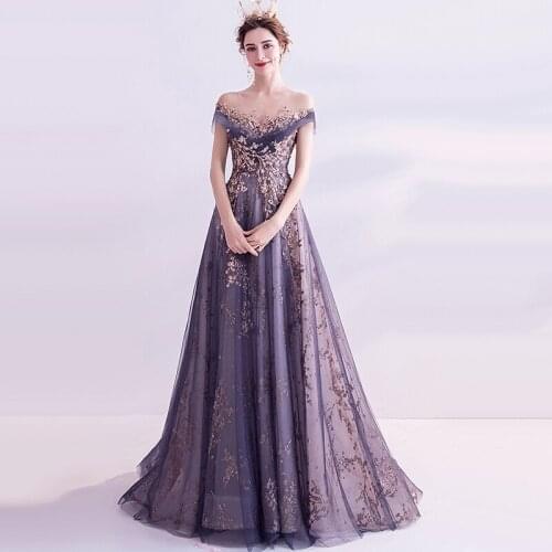 Evening Dresses Illusion A-Line O-Neck Short Crystal Pearls Sequined Backless Lace Tulle Luxury Purple Women Formal Gown TS025