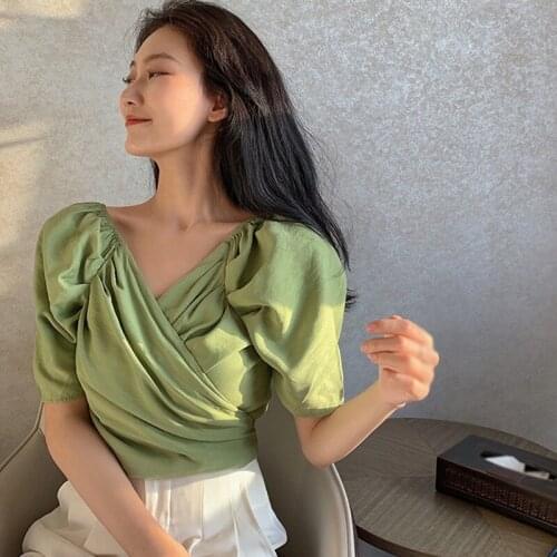 Slim Short Summer Short Sleeve Blouse V-neck Summer Women Bubble Sleeve Belt Tie Shirt Design Sense Careful Machine