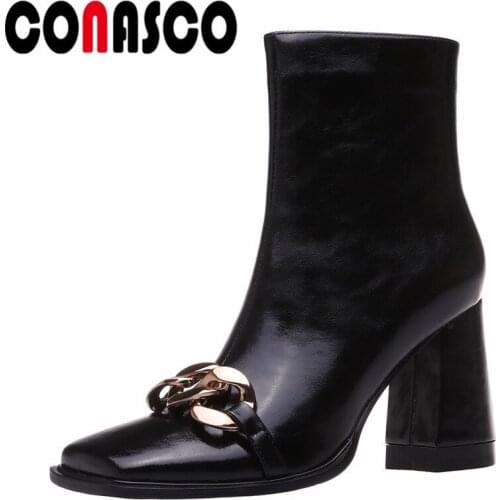 CONASCO New Retro Women Ankle Boots Autumn Winter Warm Cow Leather Night Club Prom Boots Metal Decoration High Heels Woman