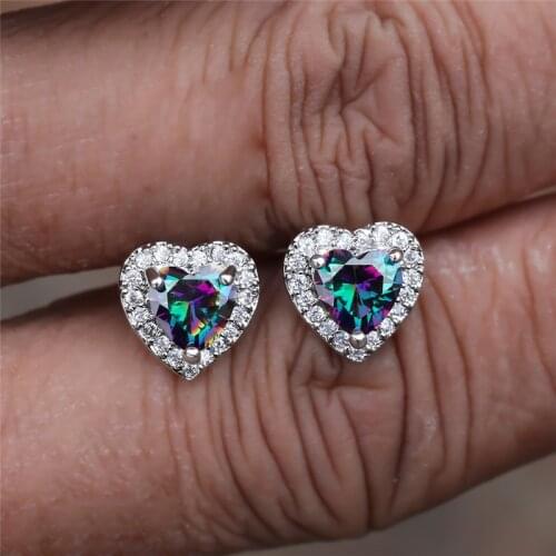 Cute Heart Zircon Rainbow Stone Screw Back Earrings For Women Wedding Jewelry Vintage Fashion Multicolor Crystal Stud Earrings