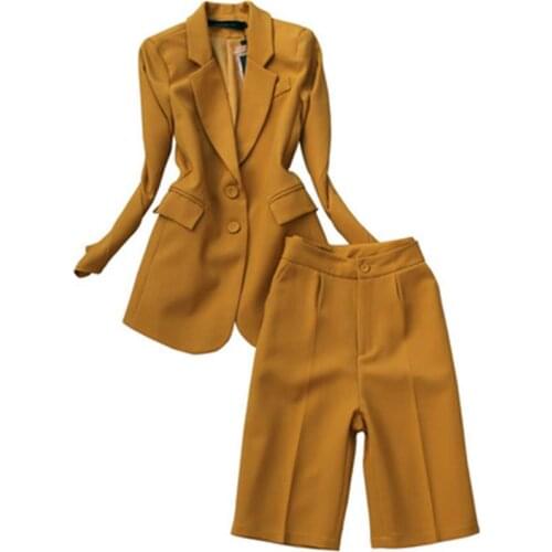 Fashion pants suit female spring fall New high-quality yellow black Single-breasted coat + Five points pants two-piece set women