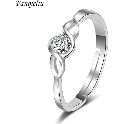 Fanqieliu Solid Sterling 925 Silver Rings For Women Opening Adjustable Cuff Crystal Ring FQL20443